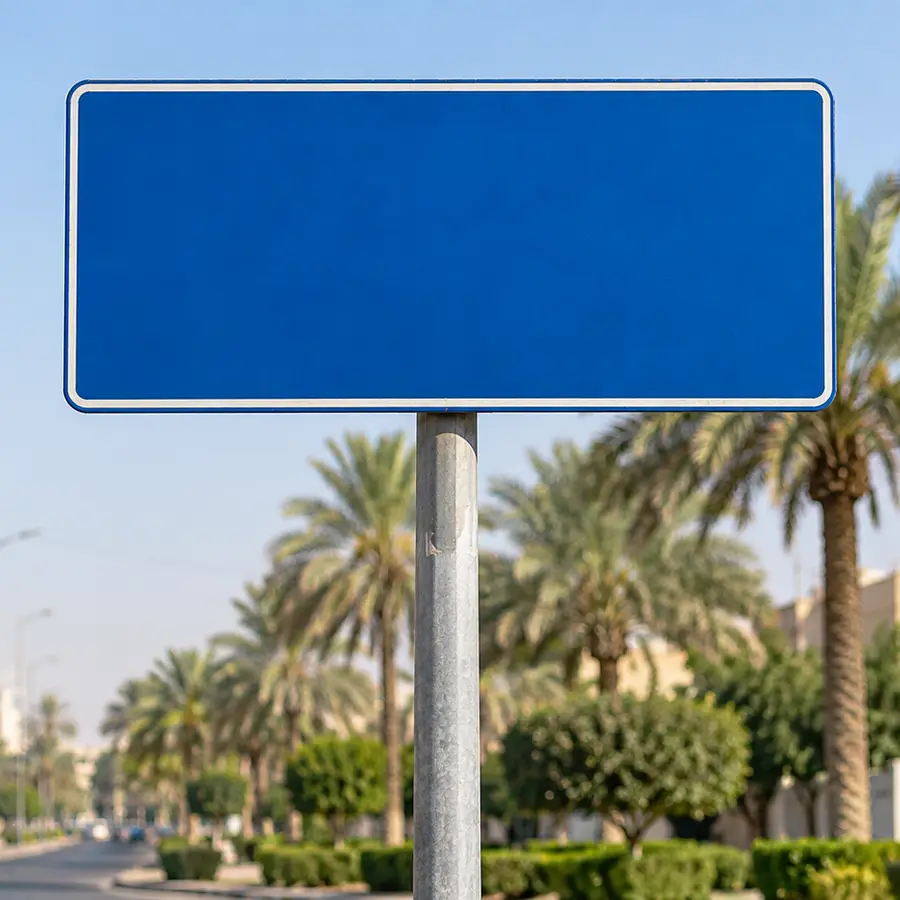 شارع في بغداد على جانبه لوحة زرقاء على عمود